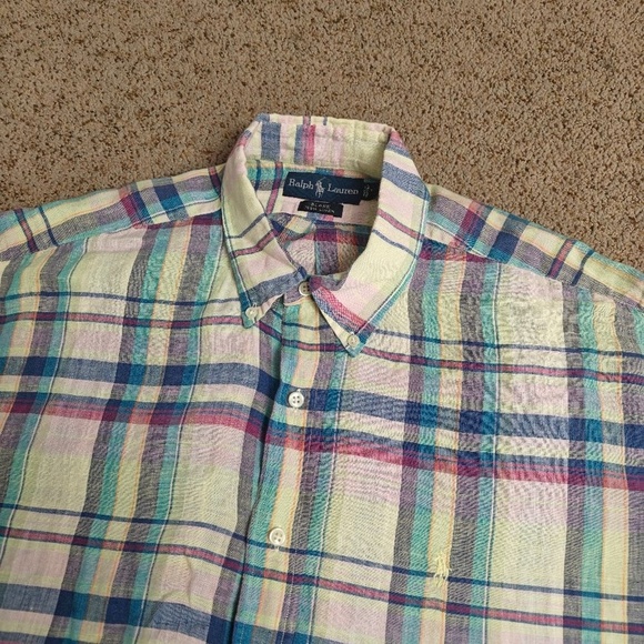 Ralph Lauren Shirt Mens Large Blue Plaid Buttonup Short Sleeve Linen Summer - Picture 4 of 10